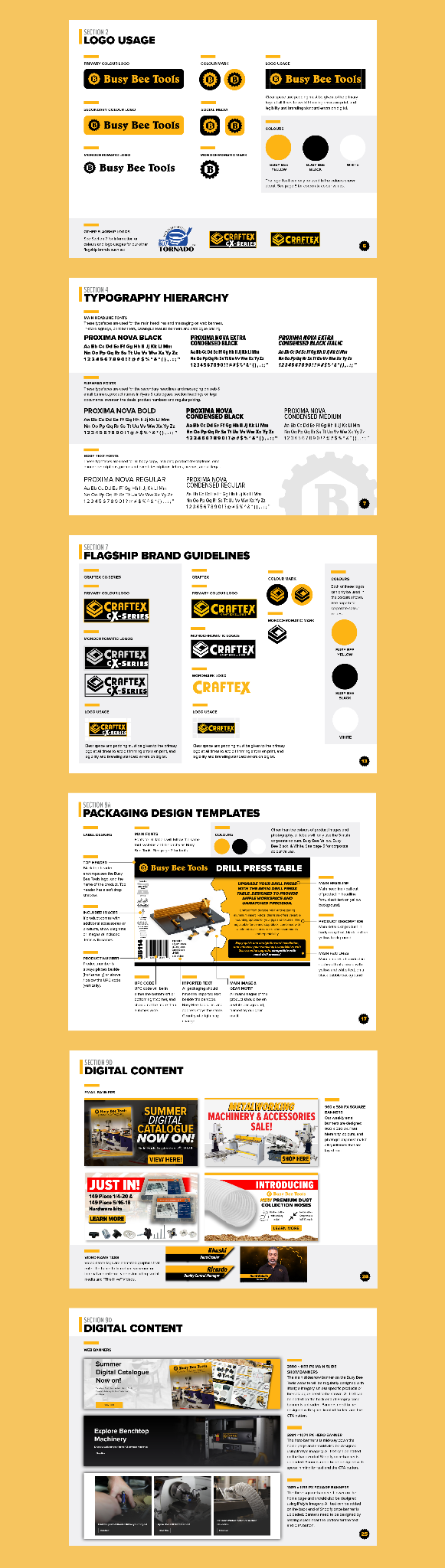 Busy Bee Tools brand guidelines showing logo usage, typography hierarchy, packaging templates and digital content standards