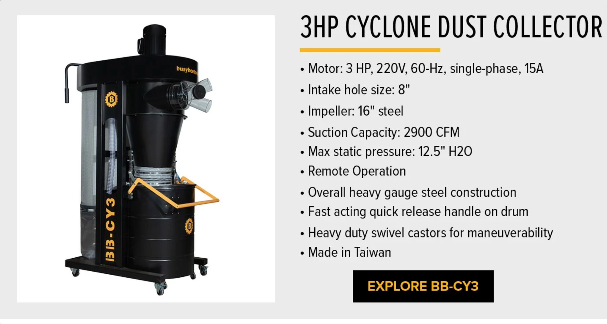 Busy Bee Tools cyclone dust collector landing page — middle section