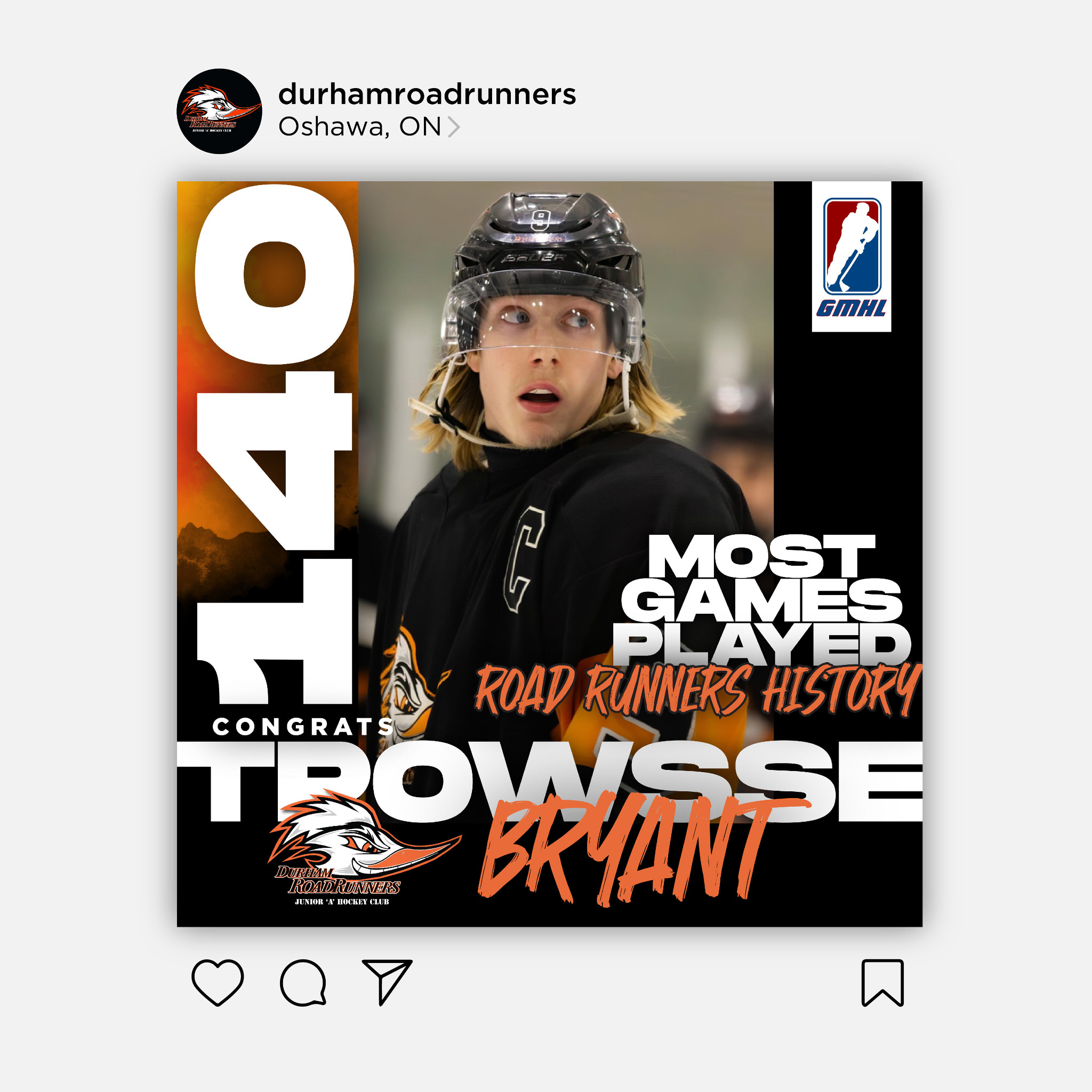 Durham Roadrunners Troy Bryant 140 games played milestone graphic