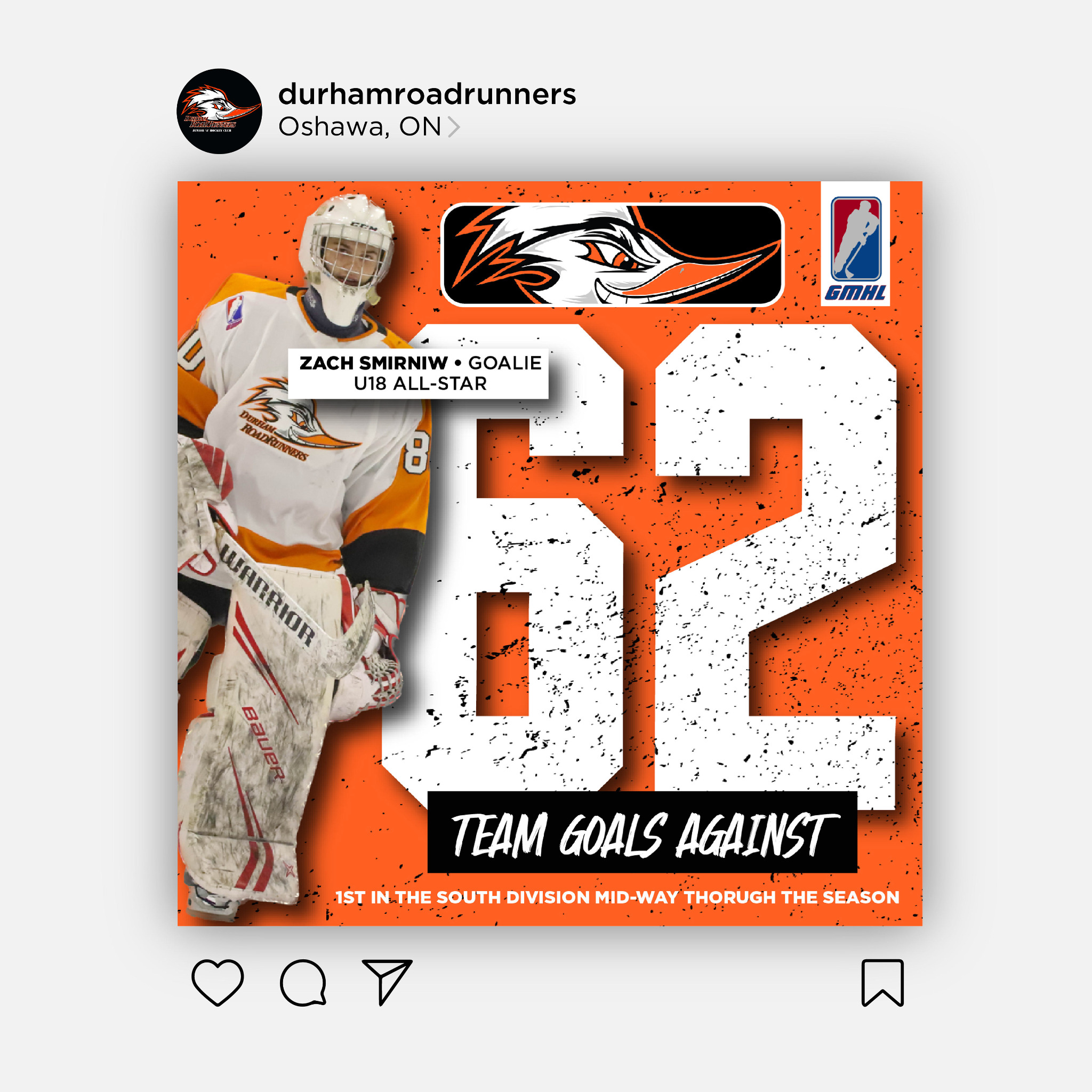 Durham Roadrunners goalie team goals against milestone graphic