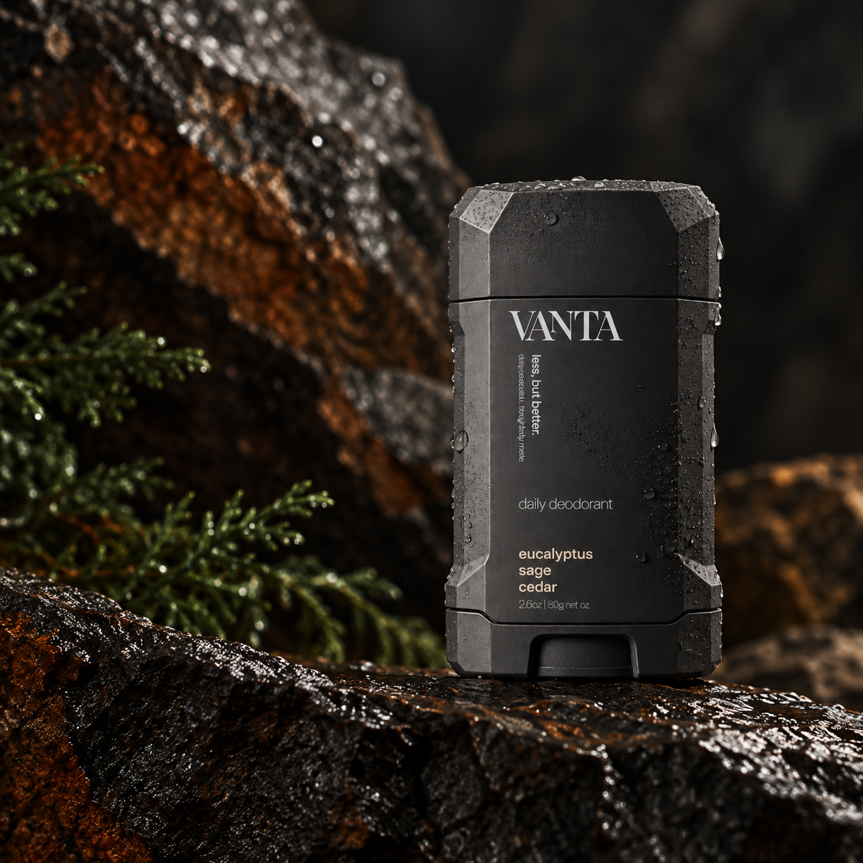 VANTA daily deodorant product photography on wet stone
